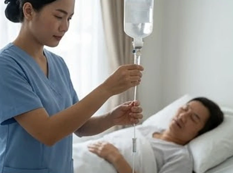 Nhân viên y tế tiêm truyền thuốc giảm đau chuyên dụng để kiểm soát cơn đau bùng phát cho bệnh nhân