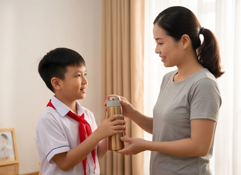 Mẹ đang chuẩn bị bình nước ấm giữ nhiệt cho bé trai mang đến trường để bảo vệ cổ họng