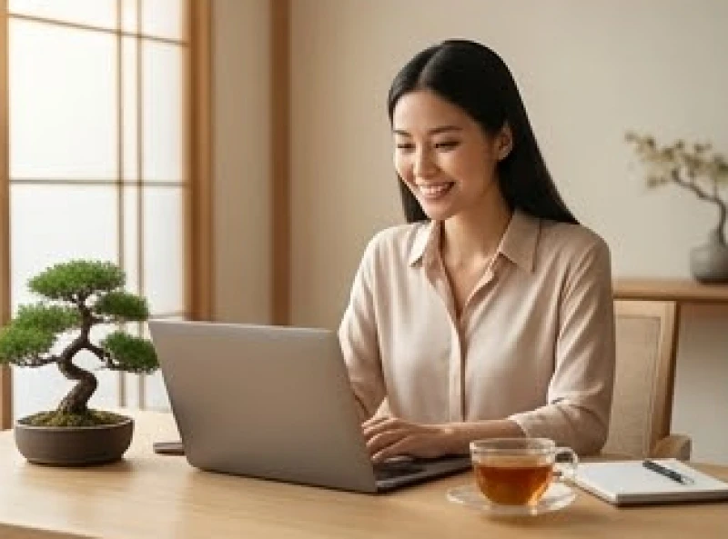 Nhân viên chăm sóc khách hàng điềm tĩnh xử lý công việc với nụ cười nhẹ nhàng tại văn phòng yên tĩnh