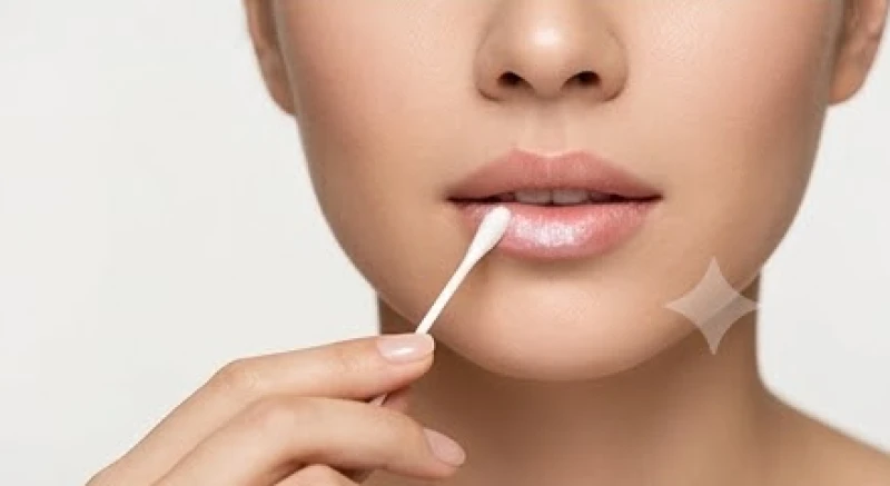 Thao tác dùng tăm bông tẩm nước muối sinh lý để vệ sinh vùng môi nhẹ nhàng sau khi can thiệp laser