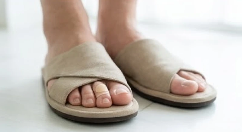 Bàn chân mang dép xỏ ngón hở mũi êm ái để tránh cọ xát vào vị trí ngón chân vừa can thiệp