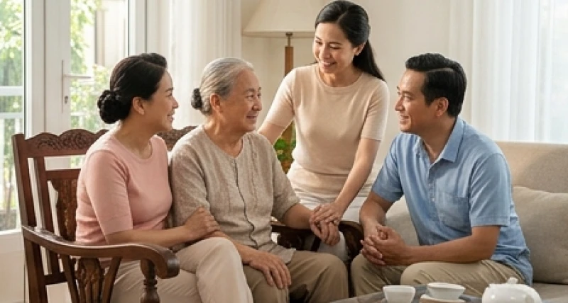 Gia đình quây quần chăm sóc sức khỏe tinh thần cho người cao tuổi trong năm phạm Thái Tuế