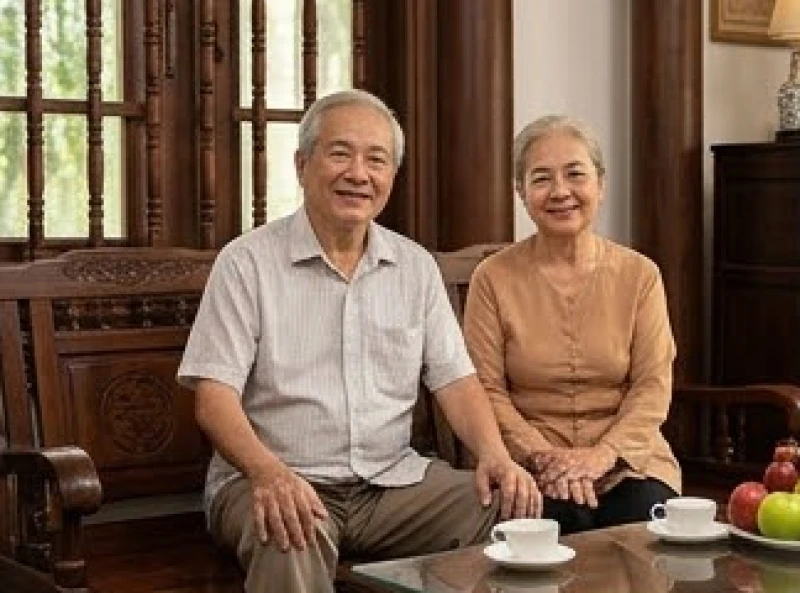 Cụ ông và cụ bà 82 tuổi đang mỉm cười thư giãn trong không gian phòng khách truyền thống