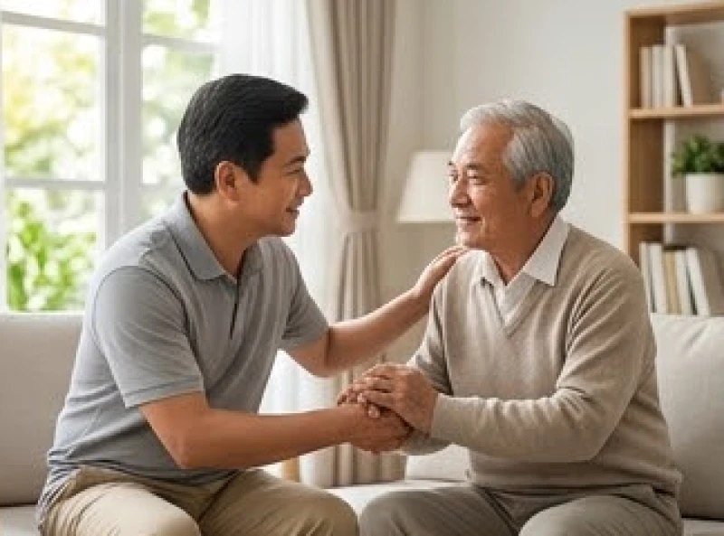 Người con hiếu thảo đang trò chuyện và chăm sóc sức khỏe cho người cha cao tuổi trong không gian ấm cúng