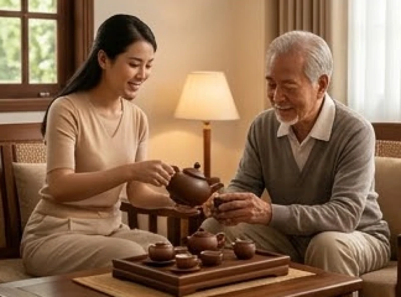 Cháu gái ân cần pha trà rót nước chăm sóc ông nội mang mệnh Bạch Lạp Kim sinh năm 1941