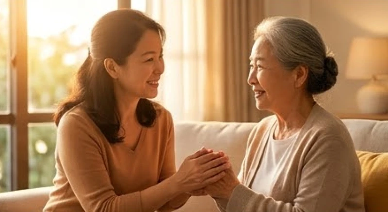 Tử vi trọn đời tuổi Canh Thìn 1940 nữ mạng: dưỡng sinh gia đạo 5 Người con gái ân cần trò chuyện và nắm tay mẹ già mang lại năng lượng ôn hòa cho tuổi Canh Thìn 1940