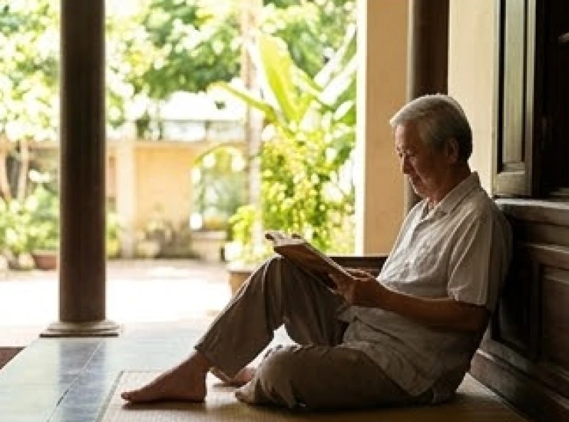 Người cao tuổi ngồi nghỉ ngơi thư giãn trong bóng râm hiên nhà vào một buổi trưa mùa hè nắng gắt