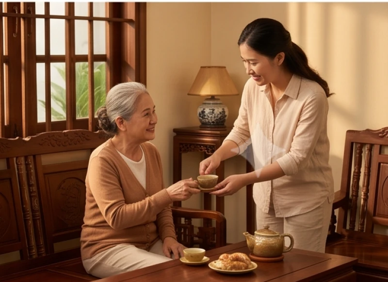 Con cháu đang rót trà và vui vẻ trò chuyện cùng ông bà lớn tuổi trong không gian phòng khách ấm cúng của gia đình