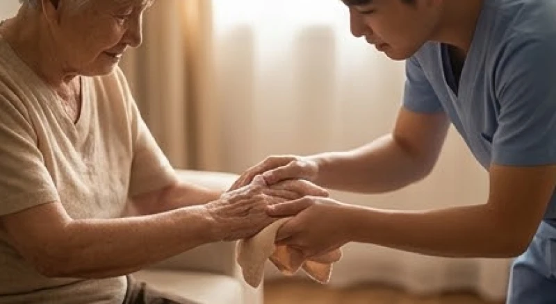 Hình ảnh đôi bàn tay ân cần lau rửa tay cho người lớn tuổi thể hiện bản năng chăm sóc và lòng vị tha