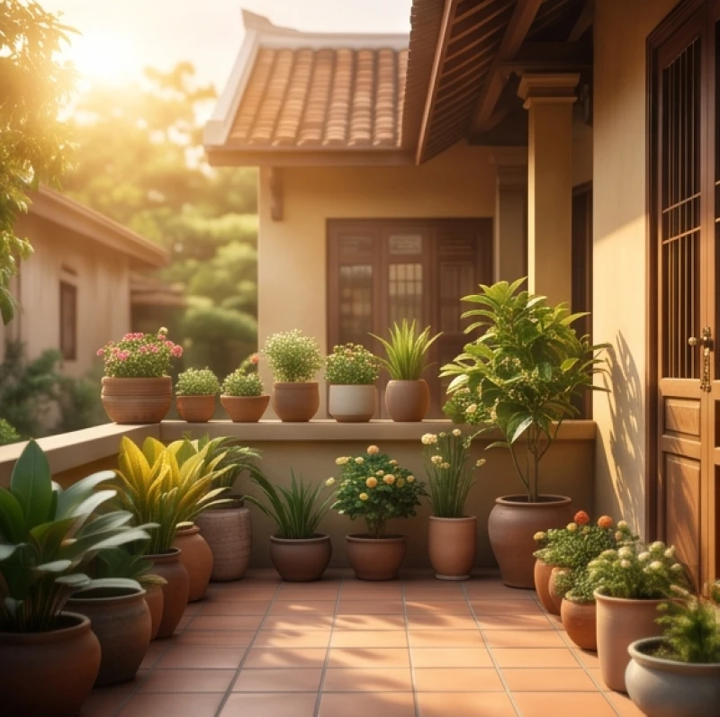 Một góc hiên nhà ngập tràn ánh nắng ấm áp và cây cảnh được cắt tỉa gọn gàng mang lại cảm giác bình yên thư thái