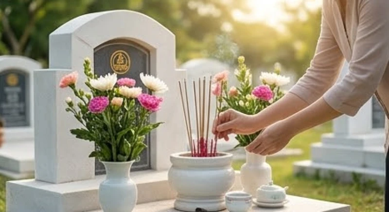 Bàn tay cẩn thận dọn dẹp và thắp hương tại khuôn viên phần mộ gia tiên ngập tràn ánh nắng