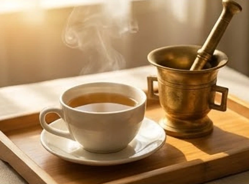 Cốc trà thảo mộc nóng hổi và dụng cụ bào chế thuốc đông y truyền thống
