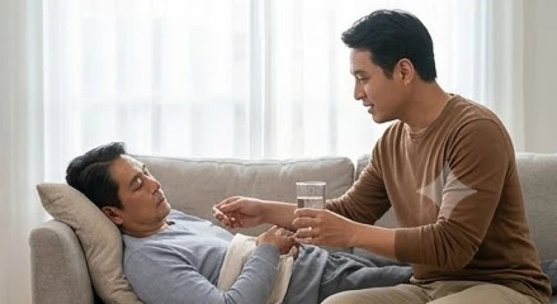 Người đàn ông ân cần rót nước ấm và chăm sóc người thân đang mệt mỏi nằm nghỉ ngơi trên chiếc ghế sofa trong phòng khách
