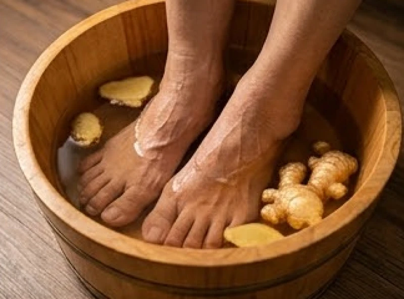 Cụ ông ngâm chân trong chậu nước thảo dược ấm áp vào ngày giao mùa
