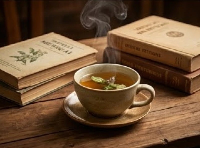 Tách trà thảo mộc nghi ngút khói đặt cạnh sách y lý cổ trên bàn gỗ