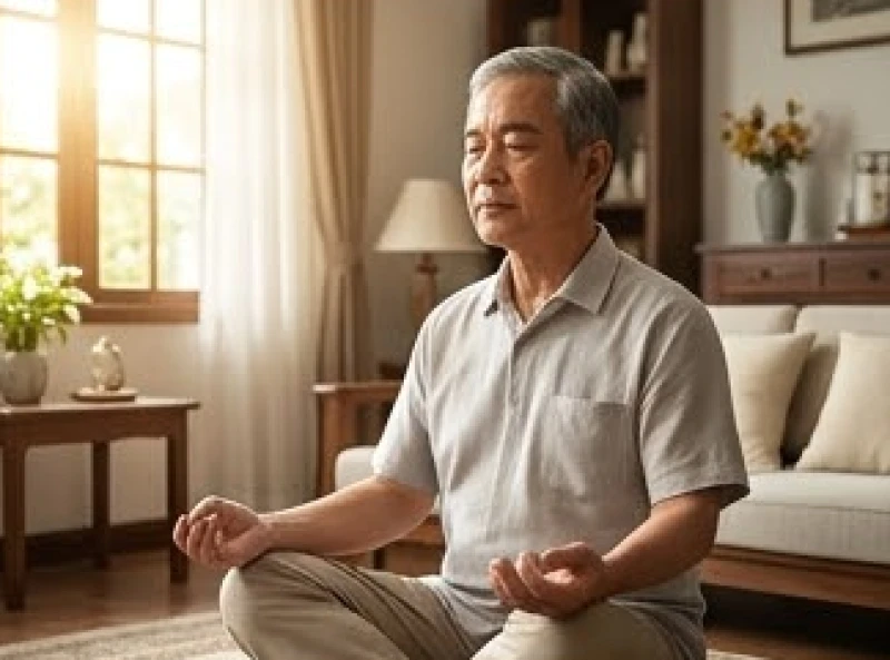Người đàn ông lớn tuổi đang ngồi thiền thư giãn tại phòng khách để lấy lại sự cân bằng thể chất và tinh thần