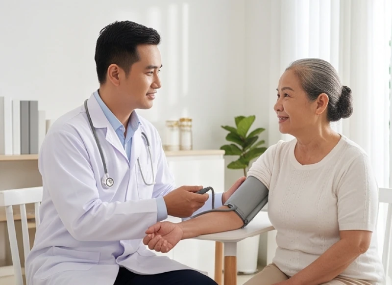 Người lớn tuổi được bác sĩ kiểm tra huyết áp định kỳ để theo dõi sức khỏe trong năm Đinh Mùi