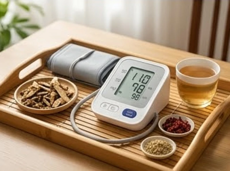Máy đo huyết áp và các loại thảo dược bổ dưỡng đặt gọn gàng trên khay tre