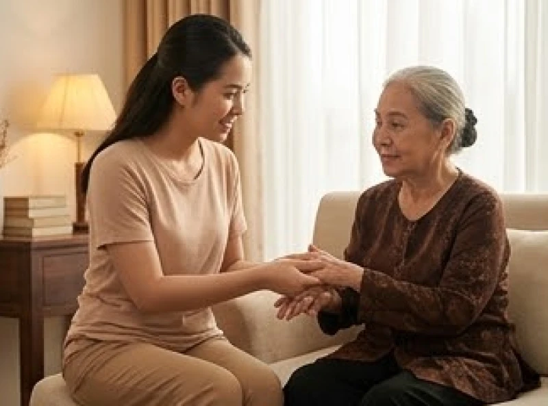 Con cháu đang ân cần hỏi han và xoa bóp tay cho cụ bà 86 tuổi trong không gian phòng khách gia đình ấm cúng