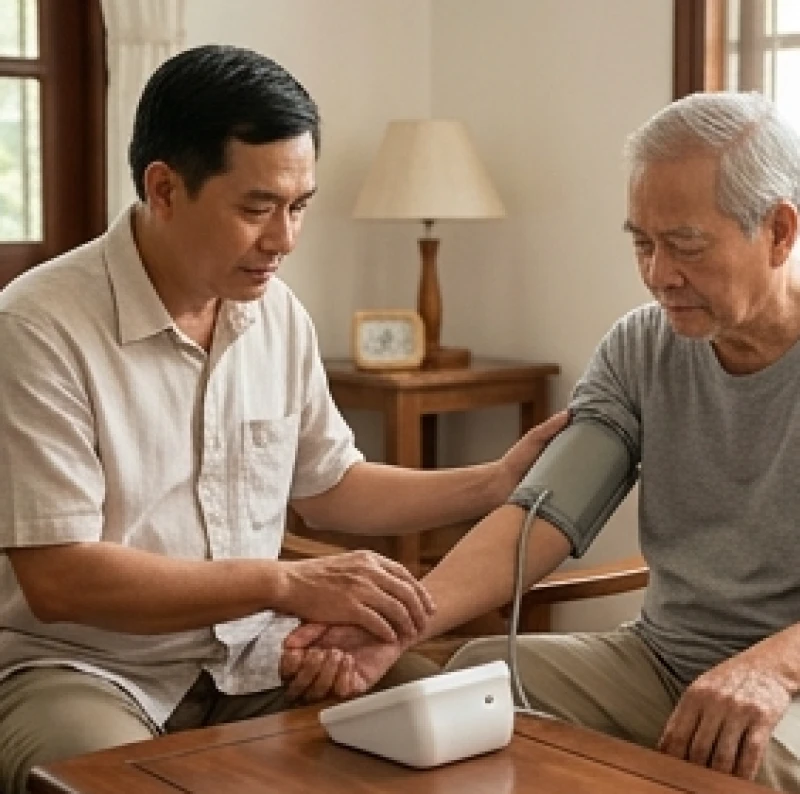 Tử Vi Trọn Đời Tuổi Giáp Thân 1944 Nam Mạng: Vận Hạn Tuổi 80+ 2 Người con trai đang cẩn thận đo huyết áp cho cụ ông tại nhà vào buổi sáng