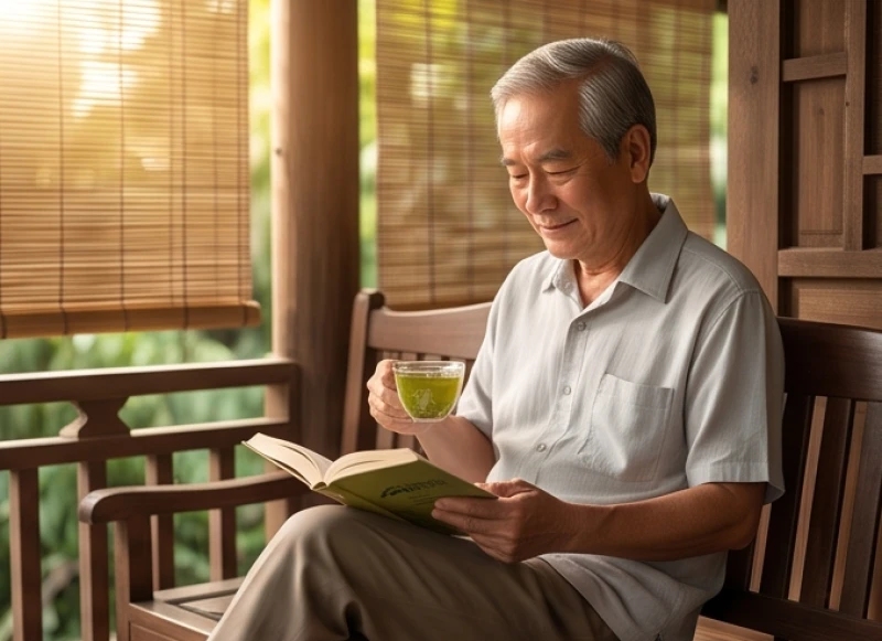 Tử vi trọn đời tuổi Giáp Ngọ 1954 nam mạng: Luận giải hậu vận 2 Người đàn ông cao tuổi thảnh thơi ngồi uống trà đọc sách bên hiên nhà yên tĩnh