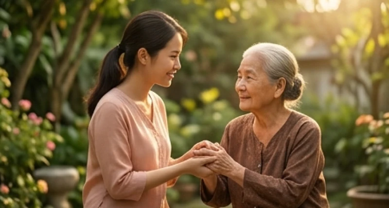 Cháu gái ân cần chăm sóc và hỏi thăm sức khỏe ông bà để đền đáp công ơn sinh thành dưỡng dục