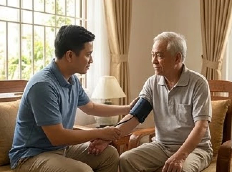 Người con đang cẩn thận đo huyết áp cho người cha cao tuổi trong phòng khách gia đình