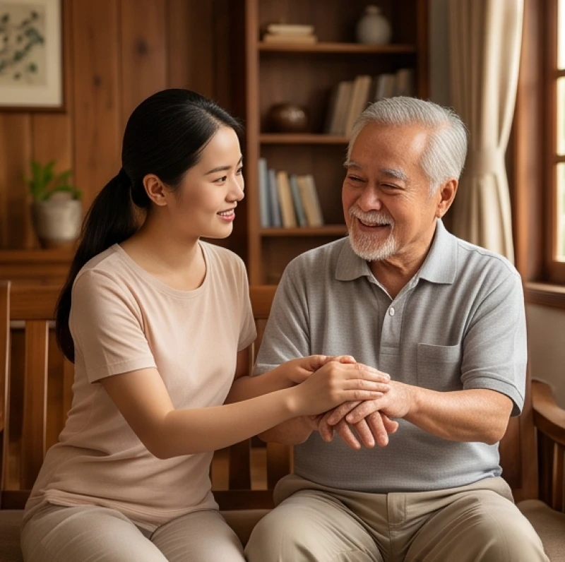 Tuổi Quý Mùi 1943: Vận hạn 2025 và phong thủy trường thọ 4 Người cháu gái đang ân cần xoa bóp tay cho ông nội trong không gian phòng khách ấm cúng