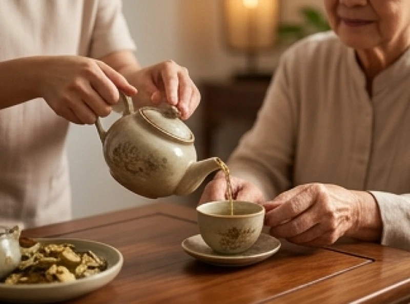 Đôi bàn tay của người con đang ân cần rót trà thảo mộc chăm sóc sức khỏe cho người lớn tuổi trong gia đình