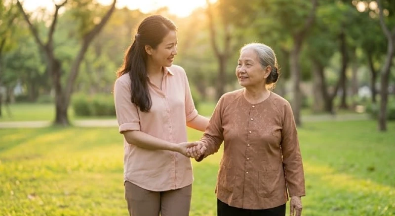Người cháu dắt tay người bà lớn tuổi đi dạo an toàn trong công viên ngập tràn ánh nắng