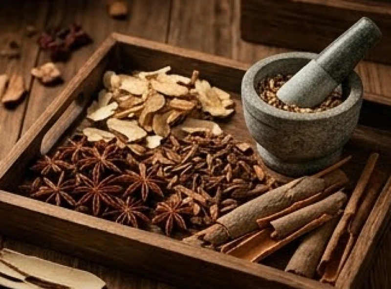 Tử Vi Tuổi Dần Trọn Đời: Đối Chiếu Nam Nữ & Phong Thủy Cải Vận 9 Khay gỗ đựng các loại thảo dược Đông y và một chiếc chày giã thuốc bằng đá