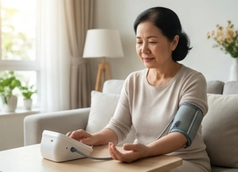 Người phụ nữ tuổi trung niên đang đo huyết áp tại nhà để phòng ngừa các chứng bệnh tiền đình do hạn Huỳnh Tuyền