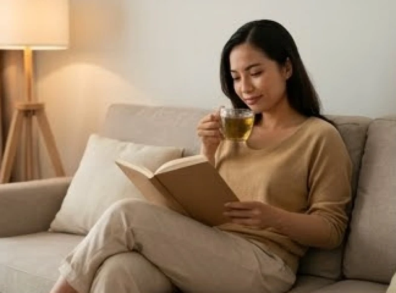 Một người phụ nữ thư giãn đọc sách và thưởng thức trà ấm trên ghế sofa mềm mại tại nhà