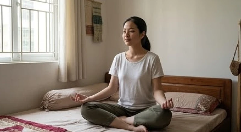 Mơ thấy bệnh tật: Giải mã điềm báo, sổ mơ & cách xoa dịu lo âu 2 Cô gái trẻ ngồi tĩnh tâm trên giường để phục hồi năng lượng sau những ngày mệt mỏi