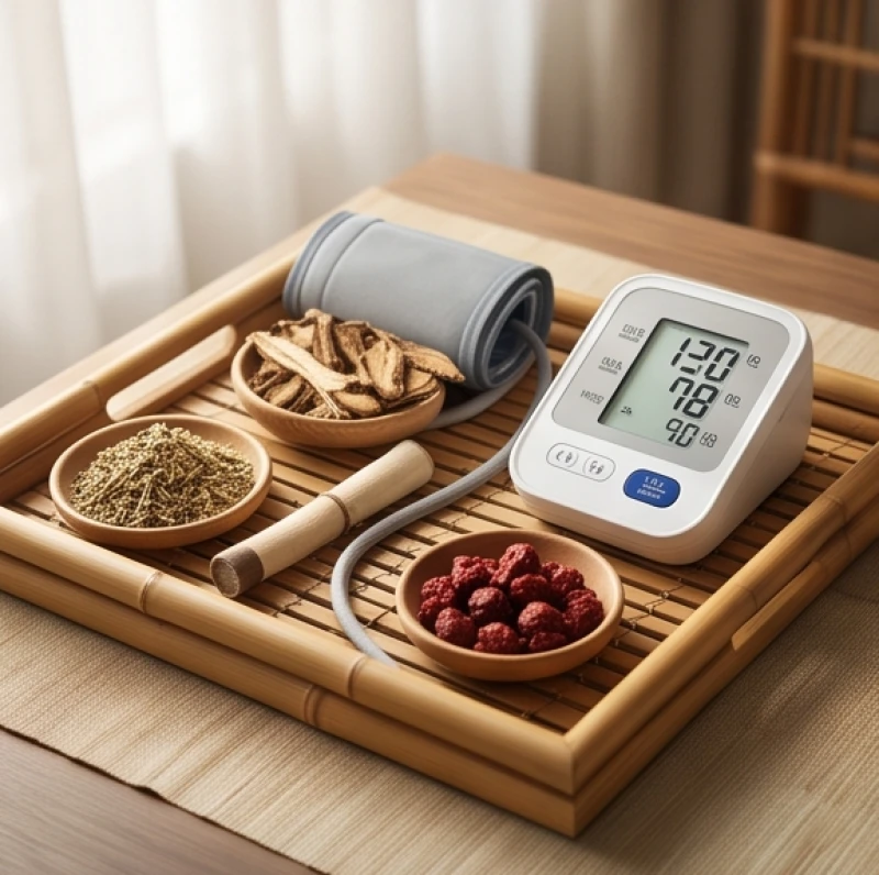 Máy đo huyết áp và các thảo dược Đông y truyền thống được sắp xếp cẩn thận trên khay tre