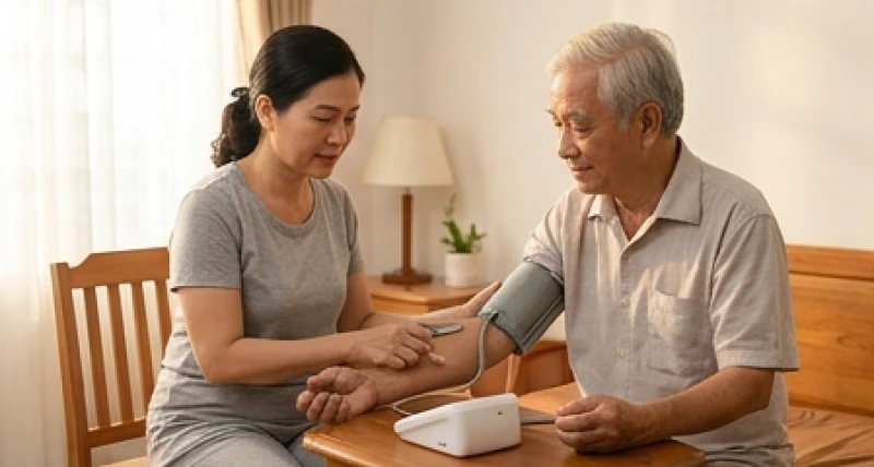 Con gái đang cẩn thận đo huyết áp cho cụ ông tại nhà để theo dõi sức khỏe trong năm phạm hạn Huỳnh Tuyền