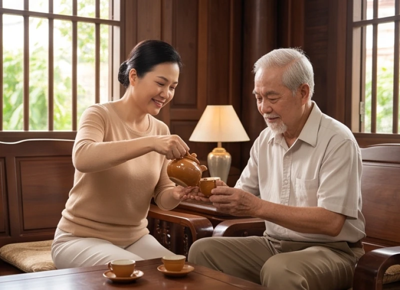 Con cháu pha trà bồi dưỡng sức khỏe cho người lớn tuổi sinh năm Nhâm Ngọ 1942