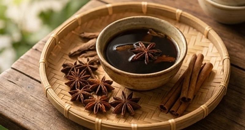 Bát thuốc đông y sắc kỹ đặt trên mâm tre giúp bồi bổ khí huyết và tăng cường tuổi thọ
