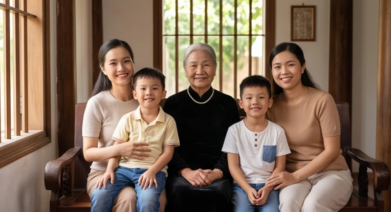 Con cháu sum vầy chăm sóc sức khỏe và trò chuyện cùng cụ bà tuổi Giáp Thân