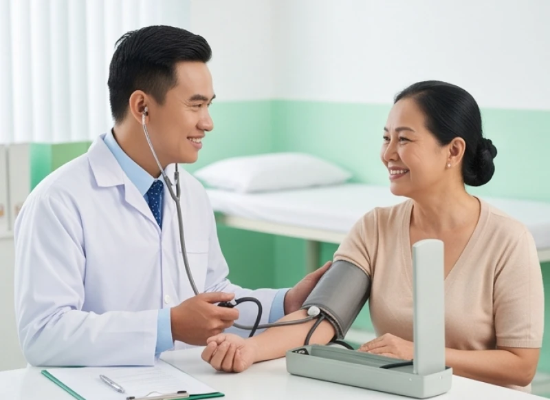 Tử vi trọn đời tuổi Giáp Thìn 1964 nữ mạng: Vận hạn & thọ mệnh 2 Bác sĩ đang đo huyết áp cho một phụ nữ lớn tuổi để kiểm soát bệnh lý tim mạch đặc trưng của tuổi 60