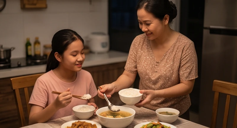 Phụ huynh ân cần chăm sóc và chuẩn bị bữa ăn dinh dưỡng cho con ở lứa tuổi dậy thì