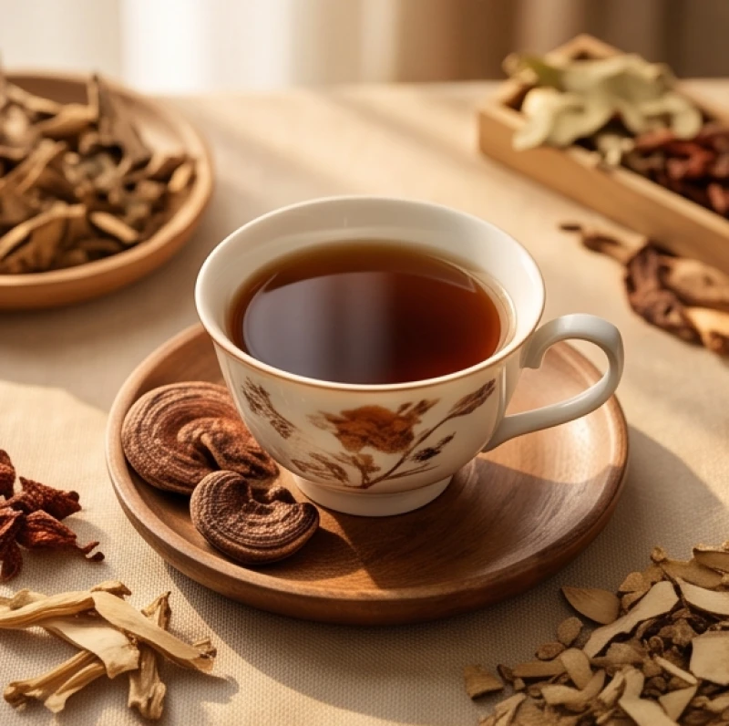 Người lớn tuổi uống trà nấm linh chi để bồi bổ sức khỏe trong giai đoạn suy giảm chức năng