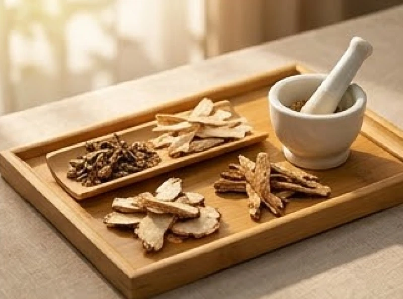 Bộ dụng cụ y học cổ truyền và thảo dược đặt gọn gàng trên khay tre