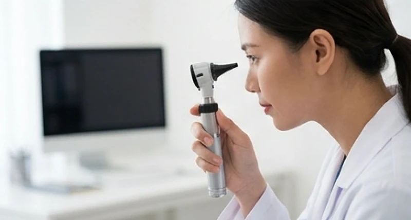 Bác sĩ đang kiểm tra tình trạng tai bằng đèn soi chuyên dụng để đảm bảo an toàn thính lực