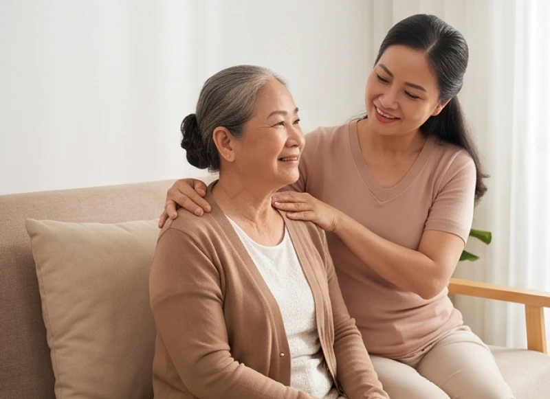 Cụ bà được con gái ân cần xoa bóp vai gáy để xua tan mệt mỏi và những lo âu tuổi già