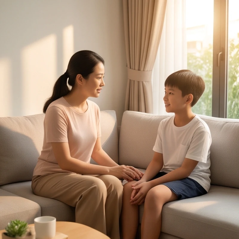 Phụ huynh trò chuyện cùng con trai 11 tuổi tuổi Ất Mùi 2015 trong phòng khách ấm cúng