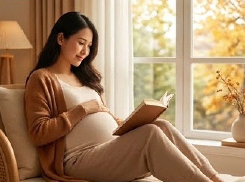 Mẹ bầu thư giãn đọc sách bên cửa sổ trong tiết trời dịu mát của mùa thu