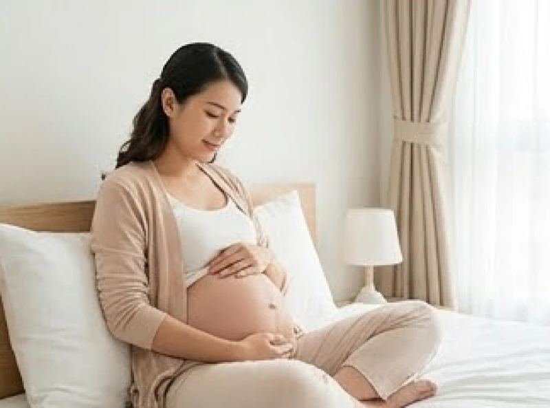 Người mẹ trẻ nhẹ nhàng ôm bụng bầu tĩnh dưỡng trong không gian phòng ngủ yên bình tràn ngập ánh sáng tự nhiên