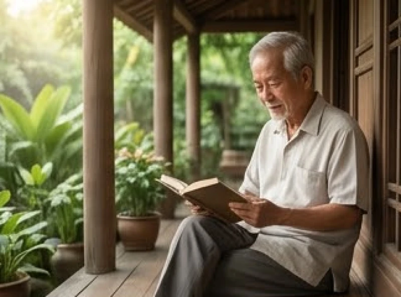 Cụ ông an yên đọc sách bên hiên nhà yên tĩnh để giữ tâm hồn thư thái trong năm mới
