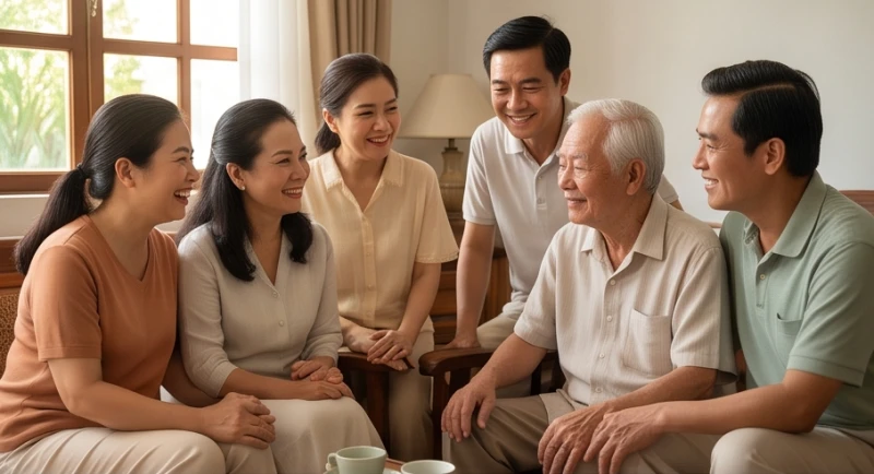 Tử vi tuổi Quý Mùi 1943 năm 2027: Giải sao và phòng bệnh tuổi 85 2 Gia đình quây quần trò chuyện vui vẻ cùng người lớn tuổi trong phòng khách